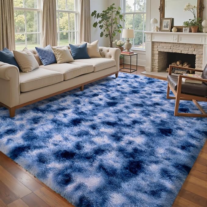 10x14 Ft Extra Large Shag Rugs for Living Room, Ultra Soft Fluffy Furry Area Rugs for Bedroom Indoor Floor, Aesthetic Carpet for Kids Home Decor (Blue)