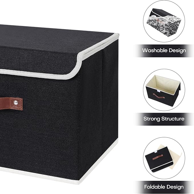 ANMINY Fabric Storage Box Bins with Lids, Black, 13"x9"x7.9", 2 Pack | Keepsake Memory Storage, Cotton Linen, PP Board Reinforced, Washable, PU Handles, Foldable & Stackable, Decorative, Medium