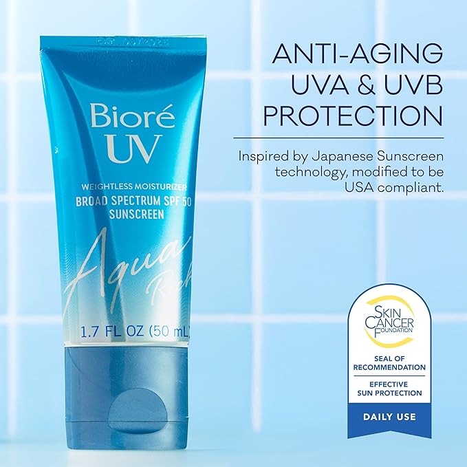Biore UV Aqua Rich Daily Hydrating Facial Moisturizer with SPF 50 | Oil Free Sunscreen for Sensitive Skin with Hyaluronic Acid, Non-Comedogenic, Dermatologist Tested, 1.7 Oz/3 Pack
