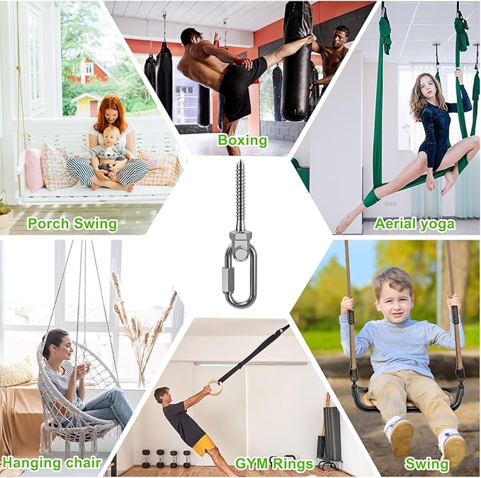 SELEWARE Heavy Duty 304 Stainless Steel Swing Hangers Set of 4, 180° Rotation Porch Swing Hardware for Playground, Yoga Hammock, Punching Bag & Outdoor Swing Sets