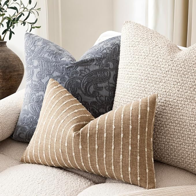 Foindtower Pack of 2 Decorative Jacquard Boucle Lumbar Throw Pillow Covers Accent Textured Striped Pillowcases Cozy Boho Cushion for Couch Sofa Bedroom Living Room Home Decor 12x20 Inch Camel