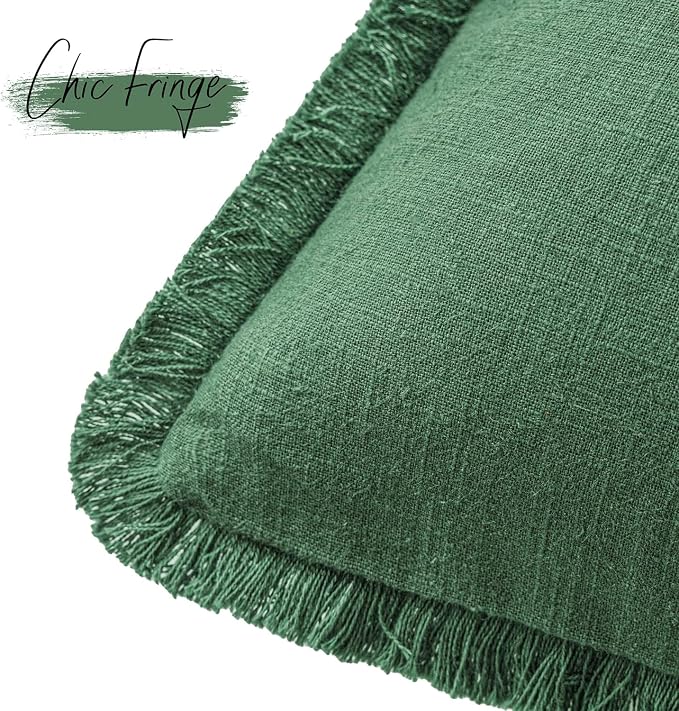 Foindtower Set of 2 Decorative Linen Fringe Lumbar Throw Pillow Covers Boho Farmhouse Cushion Cover with Tassels Soft Accent Pillowcase for Couch Sofa Bed Living Room Home Decor,12×20 Inch,Pine Green