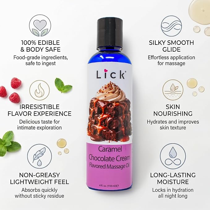 Lick Caramel Chocolate Cream Flavored Massage Oil – Tropical Edible Massage Oil with Sweet Almond Oil & Vitamin E, Hydrating Body-Safe Formula for Relaxing Couples Massage, 4 oz