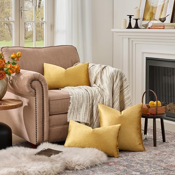 GIGIZAZA Golden Velvet Pillow Covers 12x20 Decorative Pillows Pack of 2 | Lumbar Throw Pillows for Couch Sofa,280gsm Soft Textured Fabric,Modern Pillowcases,Luxury Cushion Covers