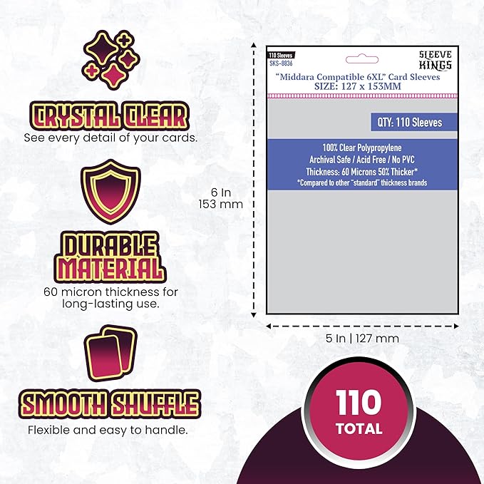 Sleeve Kings Standard Card Sleeves – 110 Count, Clear 60 Micron Thickness, XXL Size (127 x 153 mm), Compatible with Middara & More – SKU: SKS-8836