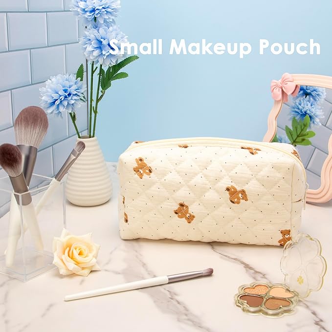 PAZIMIIK Small Quilted Makeup Bag,Zipper Cosmetic Pouch,Gauze Bear | Lightweight Cosmetic Bag Organizer for Women,Purse Storage Holds Makeup,Toiletries,Skincare,Beauty Essentials,Travel Items