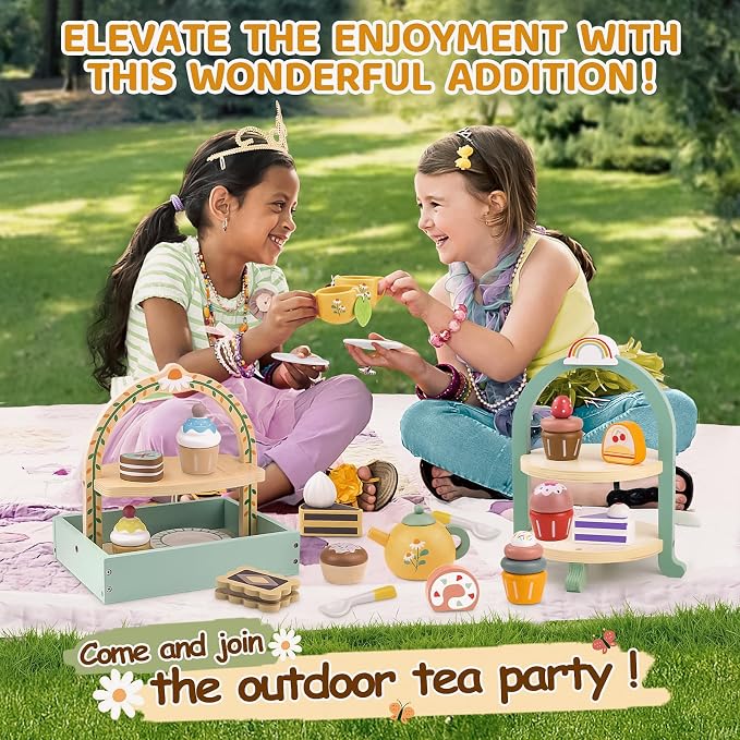 Wooden Tea Sets for Little Girls Play Food Cake Toys Toddlers 3-5 Kitchen Accessories Pretend Play Princess Playset for 3 4 5 6 Year Old Girl Boy Party Birthday Gift
