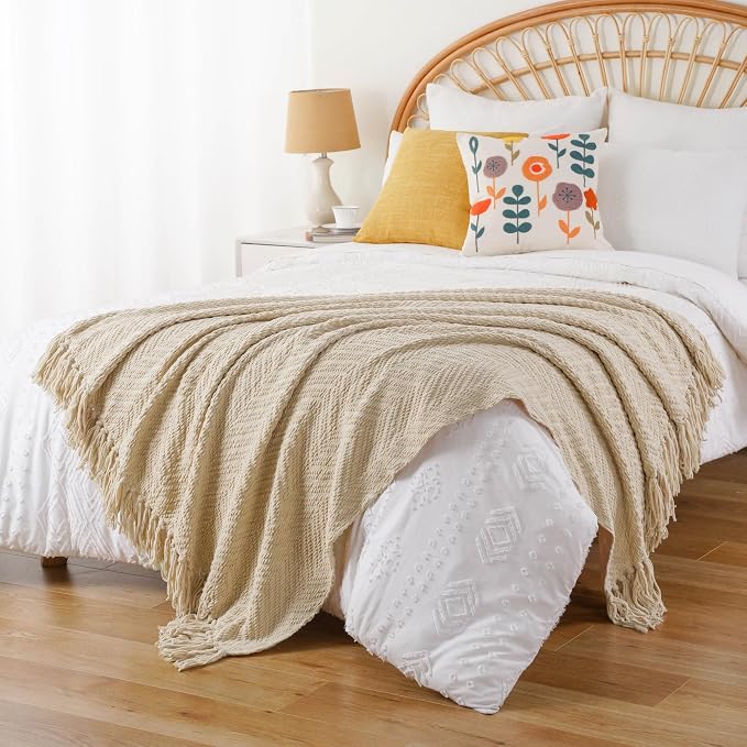 BATTILO HOME Beige Throw Blankets for Couch, Knitted Tan Throw Blanket for Twin Bed, Super Soft Warm Large Throws for Home Decor, 60" x 80"