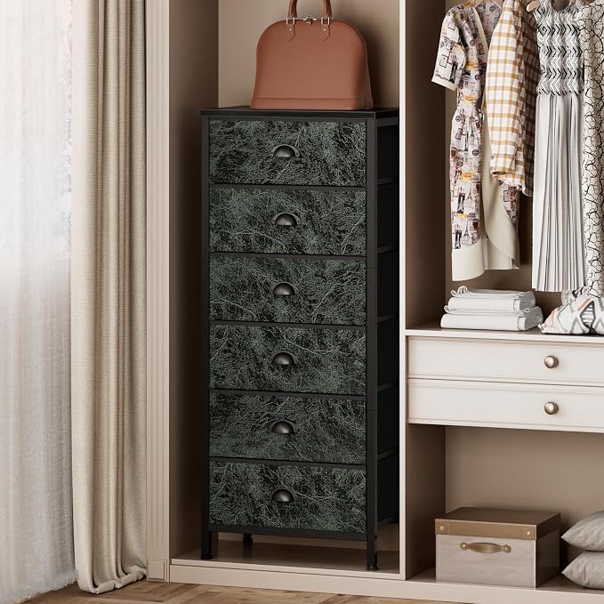 Dresser for Bedroom, 6 Drawer Tall Storage Tower Unit and Chest | Vintage Green Fabric Drawer Organizer in Dorm, Vertical Tall Nightstand Furniture in Living Room,Closet, Metal Frame,Wood Top