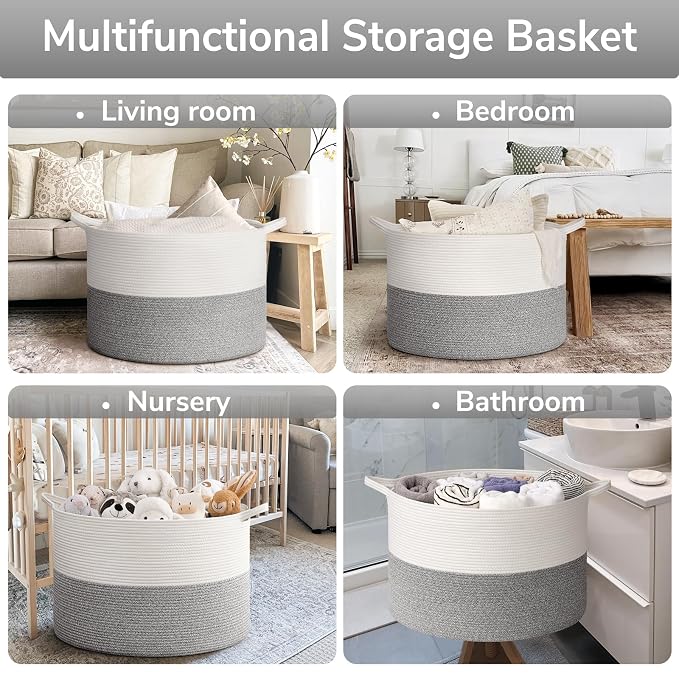 Goodpick Extra Large Woven Blanket Basket Living Room, Toy Bin,115L | 23.5 x 23.5 x 15.8 In Toy Storage Basket for Nursery, Blanket Basket for Living room, Laundry Basket, Light & Grey