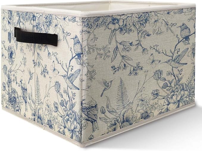 Blue and White Chinoiserie Storage Bins Basket, Vintage Bird Floral Botanical Grandmillennial Collapsible Fabric Storage Box Organizer Toybox for Bedroom Bathroom Clothes Books Toys
