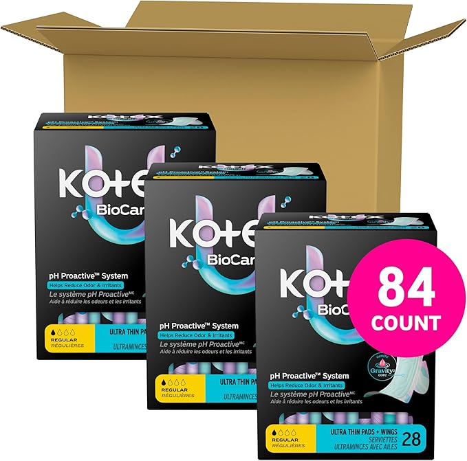Kotex BioCare Ultra Thin Pads with Wings, Regular Absorbency, 84 Count (3 Packs of 28)(Packaging May Vary)