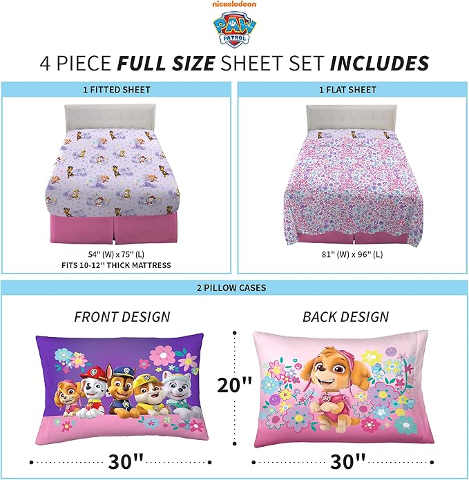 Franco Kids Bedding Super Soft Microfiber Sheet Set, Full, Paw Patrol Girls