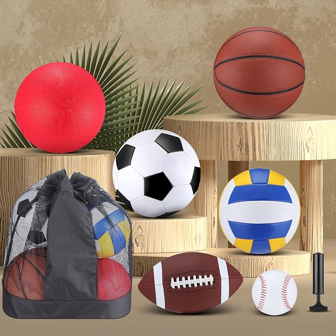 Libima 6 Pcs Multi Sport Ball Set Gift Official Size Football, Basketball, Soccer, Volleyball, Playground Ball, Baseball with Outdoor Sports Equipment Bag Pump for Christmas Holiday