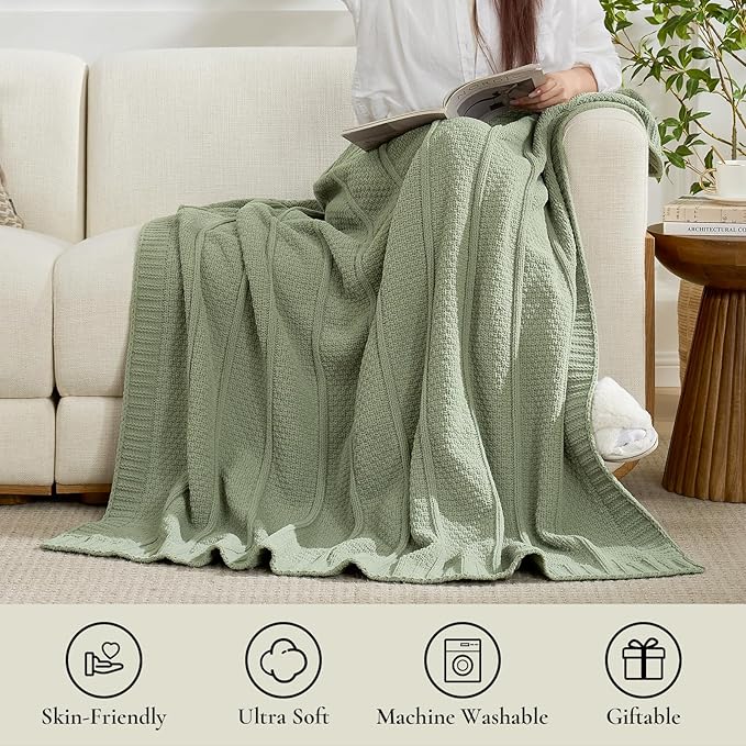 Amélie Home Premium Chenille Throw Blanket, Soft Cozy Moss Stitch Knit Blanket for Couch, Sofa, Chair, Home Decor, Sage Green 50"x60"