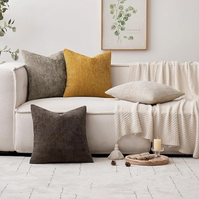 MIULEE Decorative Couch Throw Pillow Covers 16x16 in Mustard Yellow 2 Pack | Modern Boho Accent, Soft Chenille Pillow Covers, Farmhouse Cushion Cases for Home Decor Bed Sofa Living Room