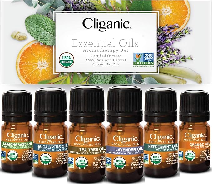Cliganic Organic Castor Oil with Top 6 Essential Oils Set