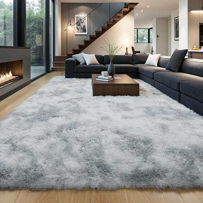 KICHOWUA Grey Tie-Dye Light Gray Fluffy 9x12 Rug Bedroom Living Room Shag | Grey Soft Washable Shag Carpet Kids Room Nursery, Plush Fuzzy Rug for Baby Toddler