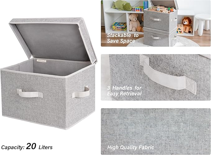 StorageWorks Fabric Storage Bins with Lids, Large Closet Storage Bins | Flip-Top Lid, 3 Handles, Collapsible, Stackable, for Clothes Blankets, Multi-Purpose, Large, Gray, 2-Pack