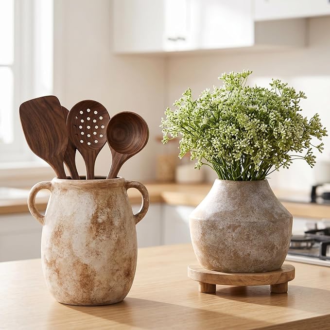 Ceramic Flower Vase with Handles, 7.9in Farmhouse Table Rustic Vases, Waterproof Pottery Clay, Flower Terracotta Vases for Home Decor, Living Room,Table, Handcrafted (Terracotta)