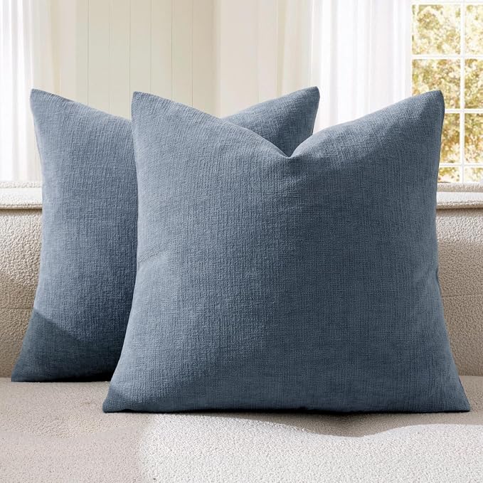 MIULEE Dark Grey Blue Chenille Couch Throw Pillow Covers, 18x18 | Set of 2, Soft Coastal Home Decor, Modern Farmhouse Decorative Pillowcases for Sofa Living Room Bed