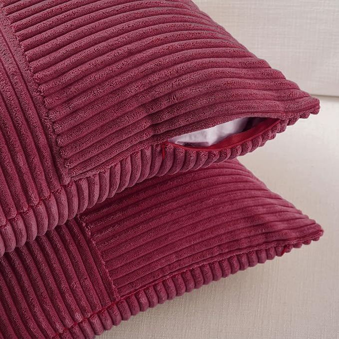 Fancy Homi 2 Packs Burgundy Samll Decorative Throw Pillow Covers 12x12 Inch with for Living Room Couch Bed, Rustic Farmhouse Boho Home Decor, Soft Corss Patchwork Corduroy Square Cushion Case 30x30 cm