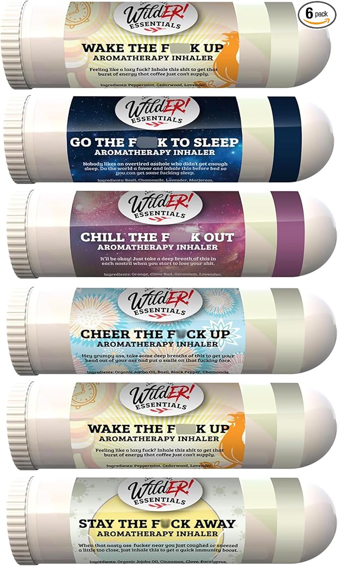 Wilder Essentials 6 Pack Aromatherapy Nasal Inhalers Gift Set, Essential Oil Scent Sticks, Funny White Elephant Stocking Stuffers, Portable Natural Diffuser Tubes, Made in USA Novelty Blend Kit
