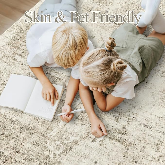 Soalmost Abstract Rug 8x10 Large Living Room Area Rugs Washable Beige/Gray | Modern Non-Slip Carpet for Dining Bedroom, Stain Resistant Foldable Thin Low Pile Floor Mat Under Table Home Office Decor