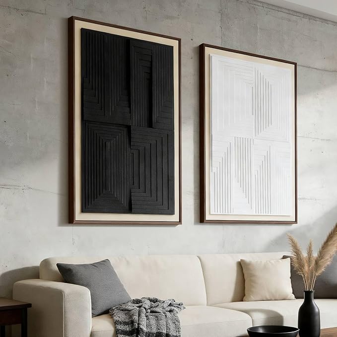 Thalasse Modern Abstract Wall Art Large Framed 3D Black White 24x36 In | Textured geometric sandstone architecture pictures, living room office hallway decor, 2 piece set