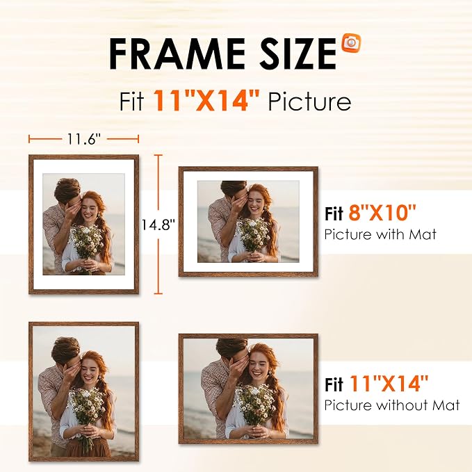 FIXSMITH 11x14 Picture Frame 2 Pack, Rustic Brown Photo Frame with HD Plexiglass, Display Pictures 8x10 with Mat or 11x14 Without Mat, Rustic Brown Picture Frames Collage Wall Decor, Gallary Wall Frame