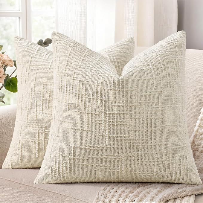 decorUhome Textured Chenille Throw Pillow Covers 20x20 Set of 2 Light Cream | Fall Modern Farmhouse Soft Cozy Slubby Couch Pillow Cases Boho Decorative Pillow Cases for Bed Sofa Living Room Home Decor