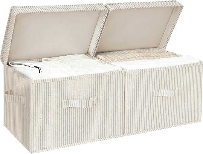 StorageWorks Closet Storage Bins, Fabric Storage Bins with Lids | Flip-Top Lid, 3 Handles, Collapsible, Stackable, for Clothes Blankets, Multi-Purpose, Large, Khaki and Beige Stripes, 2-Pack