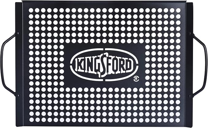 Kingsford Non-Stick Grill Topper Pan, Heavy Duty Carbon Steel BBQ Grilling Tray with Handles, Perforated Surface Helps Keep Small Foods from Falling Through Grates, 15.55 x 11.05 Inch