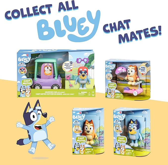 Bluey Chat Mates and Accessory Scooter Bingo Figurine Playset, Articulated, Kids Figurines with 10 Phrases, Interactive Play Figure Toys for Ages 3+