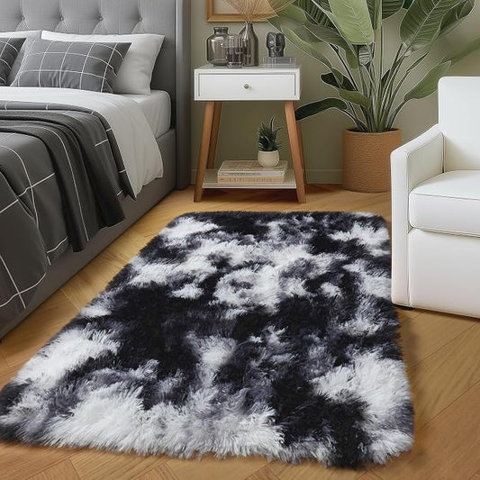 Amdrebio Black White Grey Small Mini Rug 2x3 for Boys Bedroom Dorm Office | Fuzzy Fluffy Furry Plush Cool Carpet, Classroom Men Cave Playroom Living Room Decor, Gothic Aesthetic, Teen Baby Kids Corner