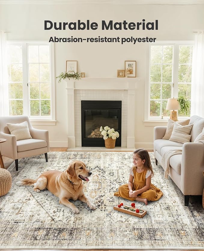 AMADA HOMEFURNISHING Washable Area Rug, Low-Profile Large Area Rug with Non-Slip Backing & Durable Edge Binding, Vintage Large Rugs for Living Room, Bedroom, Dinning Room, 8x10, Grey/Beige