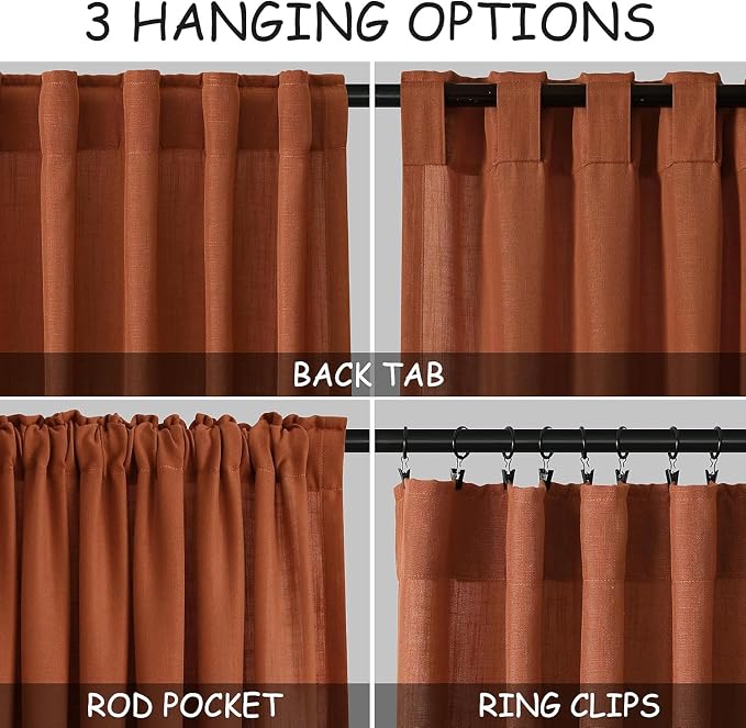 Nanspring Extra Wide Terracotta Curtains for Living Room 102 Inches Long Back Tab and Rod Pocket Linen Semi Sheer Farmhouse Boho Floor to Ceiling Curtain for Bedroom Office Luxury 100x102, 2 Panels