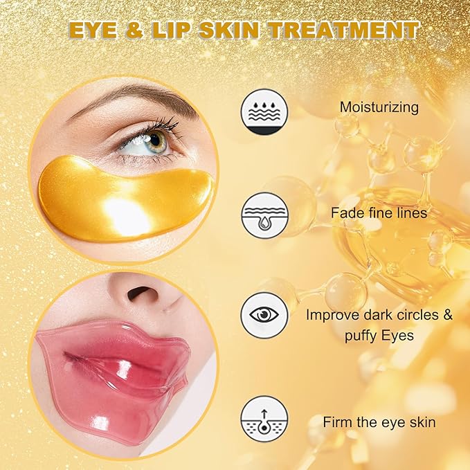 32 Pairs Eye Masks & Lip Mask, 24K Crystal Gel Collagen Under Eye Patches for Puffy Eyes, Dark Circles, Moisturizing Pink Lip, Reduce Fine Lines, Remove Lip Dead Skin, Mothers Day Gifts Bulk