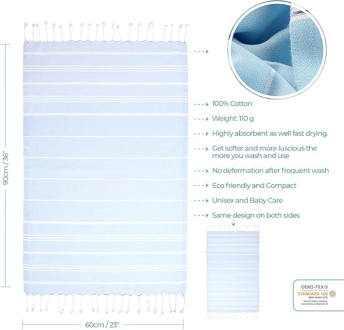 Cacala 100% Turkish Cotton Kitchen Tea Towels, Highly Absorbent Luxury Soft Quick Drying Dish Towel with Hanging Loop for Gym, Yoga, Bath, Sports, Cleaning and Kitchen (23 x 36), Baby Blue