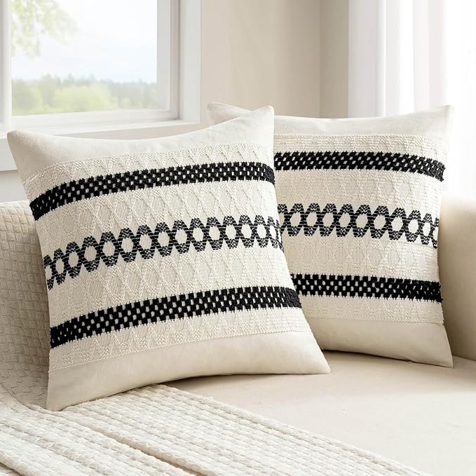 MIULEE Set of 2 Black Boho Decorative Pillow Covers 20x20 Inch | Farmhouse Couch Throw Pillows, Modern Cotton Cushion Covers, Macrame Woven Spring Home Decor for Bed Sofa Chair