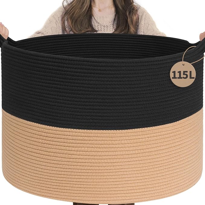 INDRESSME 115L Extra Large Woven Rope Blanket Basket Living Room BlackCamel | 23.6" x 15.7" Storage baskets for toys laundry & pillows. Fits living room, bedroom or nursery décor. Soft-touch with handles