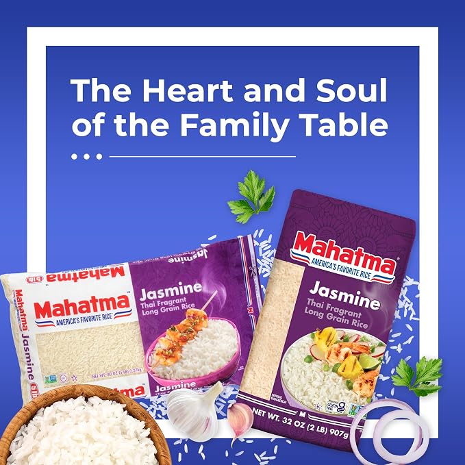 Mahatma Jasmine Rice, Fragrant Thai Rice, 5-Pound Bag | Aromatic rice for stovetop or microwave, quick and easy to cook, gluten-free, vegan, kosher, non-GMO, bulk bag