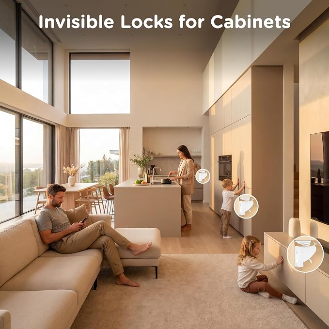 16 Pack Cabinet Locks Baby Proofing - SKYLA HOMES Children Proof Magnetic Cabinet Locks for Cupboard, Drawers, Adhesive Baby Proof Latches (16 Locks and 2 Keys)