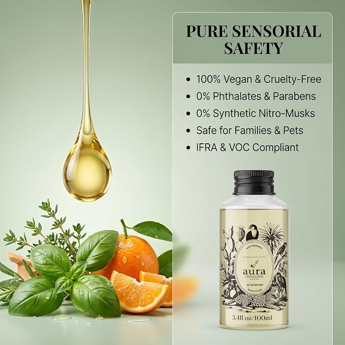 A U R A - Ponza Fragrance Oil for Waterless Scent Diffuser - Inspired by J. Malone Lime Basil Mandarin | 3.4 fl oz / 100 ml Essential Oil Blend for Aromatherapy & Hotel Collection Diffuser