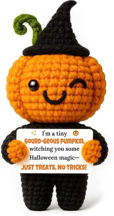 MAMAGIFTREE Halloween Crochet Pumpkin Witch Plush - Amigurumi Tiered Tray Decor - Spooky Cute Gothic Home Decor & Witchy Gifts - Handmade Fall Pumpkin Figurine