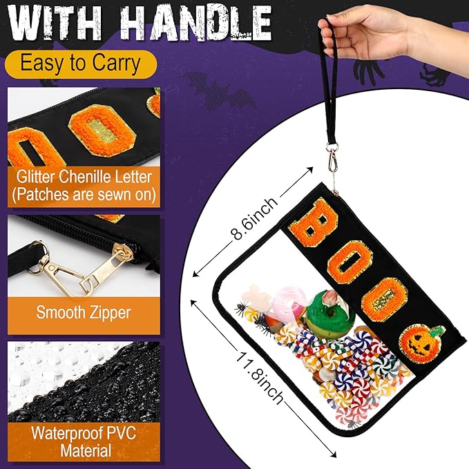 Remerry 2 Pcs Halloween Christmas Chenille Letter Clear Pouch Candy Treat Snack Goodie Bag PVC Makeup Cosmetic Bag Waterproof Preppy Purse Gifts for Women Girls (Boo Pumpkin & Witch Hat Set)