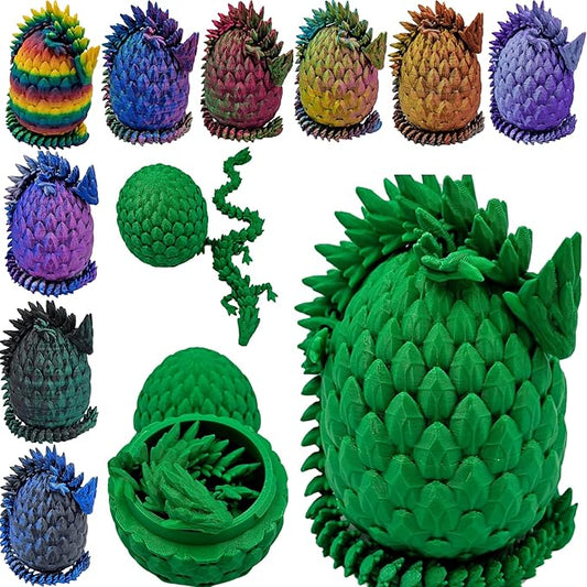 Surprise Dragon Egg Articulating Gemstone Dragon Fidget Figurine - 3D Printed Dragons Flexible ADHD, Autism, Relief Anxiety - Articulated Joints (Green)