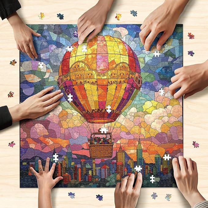 Puzzles for Adults 1000 Pieces - Stained Glass Hot Air Balloon: City in The Clouds, Challenging Jigsaw Puzzles Perfect for Game Night, Gift Giving, Size 24x24 in