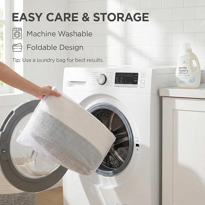 JMvicyroam 65L Extra Large Machine Washable Cotton Rope Blanket Basket | Collapsible laundry hamper, Reinforced handles, For blankets, pillows, toys and clothes, Living room and bedroom, White&Grey