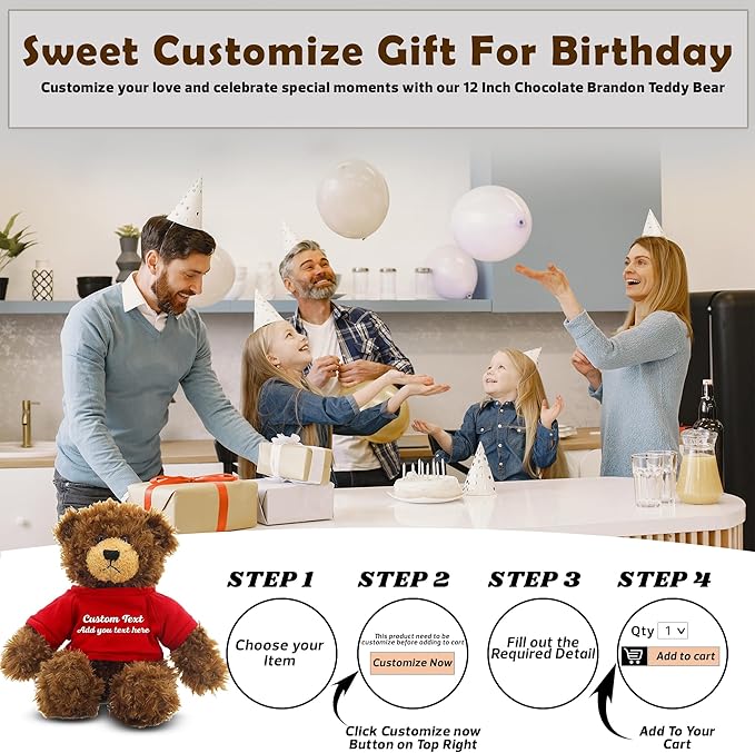 Customized Chocolate Brandon Bear - 12 inch Personalized Stuffed Bear Plush Toy - Perfect Custom Shirt Bear Gift for Graduation Valentines Graduation Easter Holidays (Red Shirt)